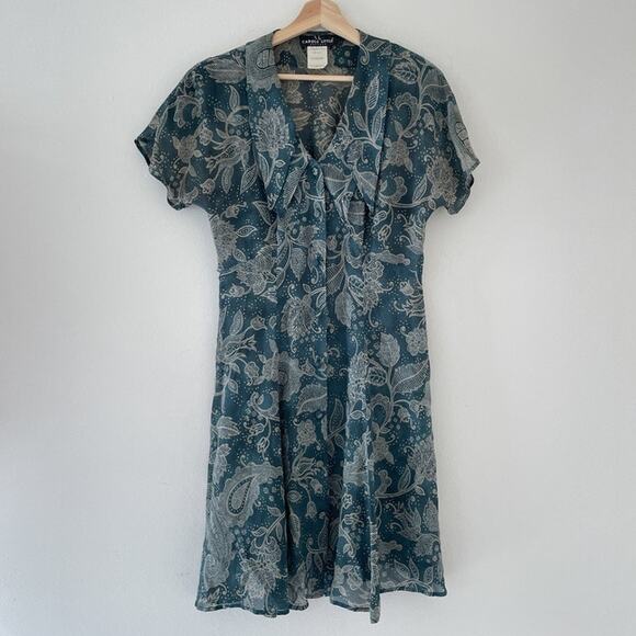 Vtg 90's Green Paisley Floral Sheer Dagger Collar Dress Sz 6 Rayon Grunge - Picture 1 of 9